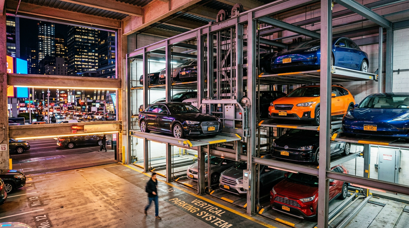 Vertical parking system with cars stacked on mechanical platforms in urban garage